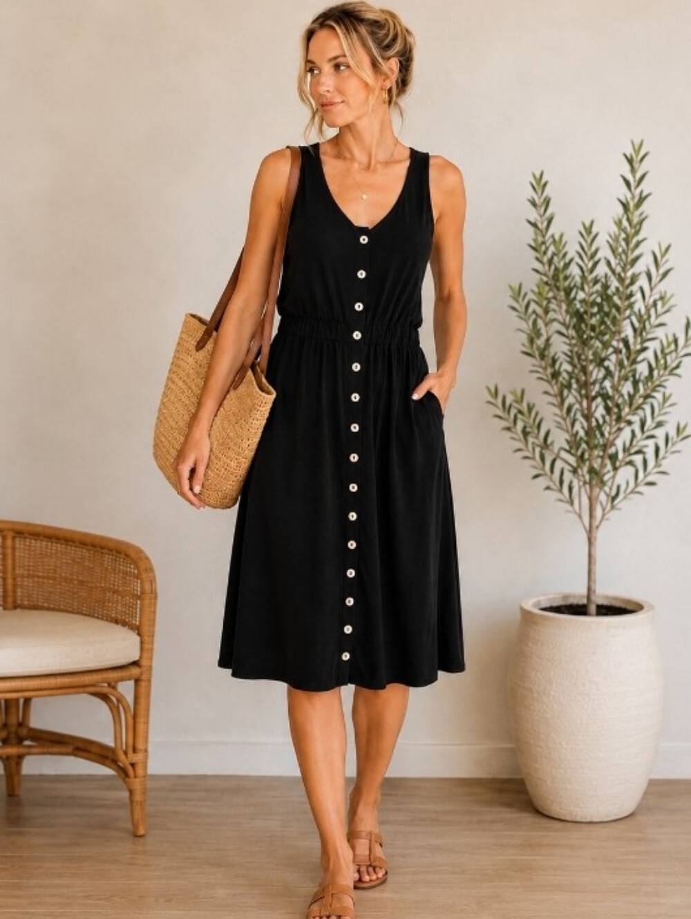 Black Button Front Tank Dress Elastic Waist Sleeveless Midi Sundress Size Medium
